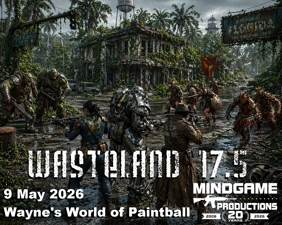 MindGame Productions Wasteland 17.5 event poster featuring post-apocalyptic armored characters.